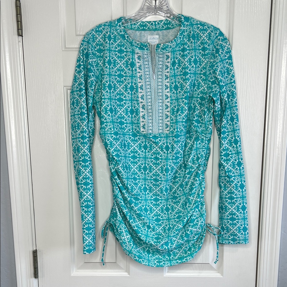 CABANA LIFE EMBROIDERED RASH GUARD long sleeve swim medium teal white floral